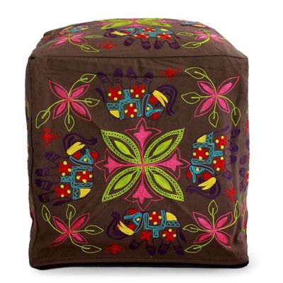Alternate image for Multi Color Embroidered Cotton Ottoman Cover Elephant Blooms