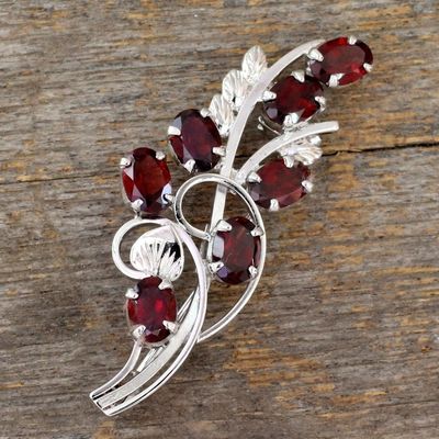 Alternate image for Garnet and Sterling Silver Floral Brooch Pin from India Floral Passion