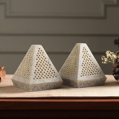 Alternate image for Hand Crafted Jali Soapstone Candle Holders Pair Lace Pyramid