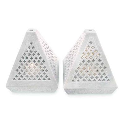 Alternate image for Hand Crafted Jali Soapstone Candle Holders Pair Lace Pyramid