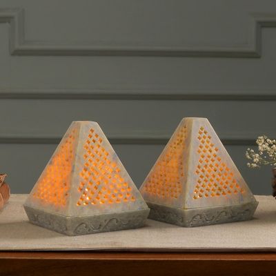 Alternate image for Hand Crafted Jali Soapstone Candle Holders Pair Lace Pyramid