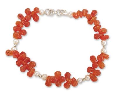 Alternate image for Carnelian and cultured pearl anklet Ginger Glow