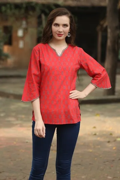 Alternate image for Handmade Block Print Paisley Cotton Tunic Top from India Crimson Delhi