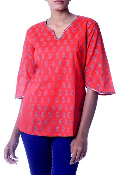 Alternate image for Handmade Block Print Paisley Cotton Tunic Top from India Crimson Delhi