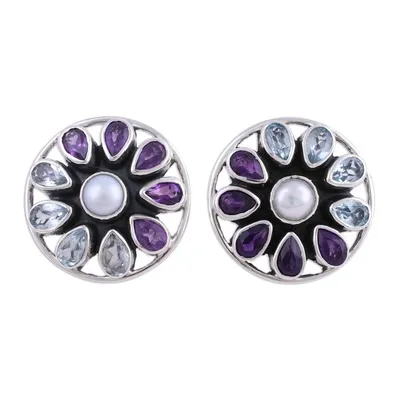 Main image for Star-Shaped Multi-Gemstone Button Earrings from India Glittering Stars
