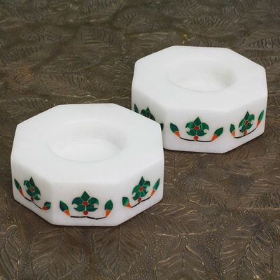 Alternate image for Octagon Marble Tealight Holder with Green Buds Pair Floral Alliance in Green