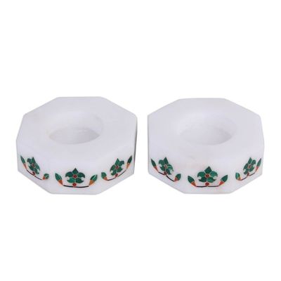 Alternate image for Octagon Marble Tealight Holder with Green Buds Pair Floral Alliance in Green