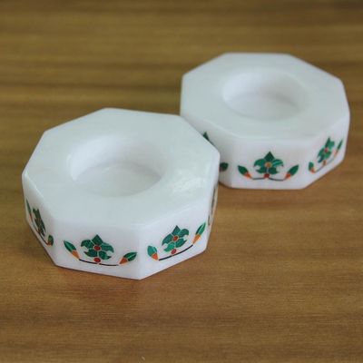 Alternate image for Octagon Marble Tealight Holder with Green Buds Pair Floral Alliance in Green