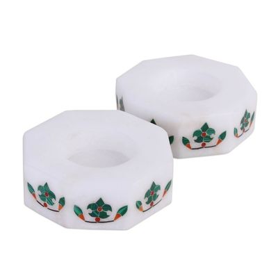 Alternate image for Octagon Marble Tealight Holder with Green Buds Pair Floral Alliance in Green