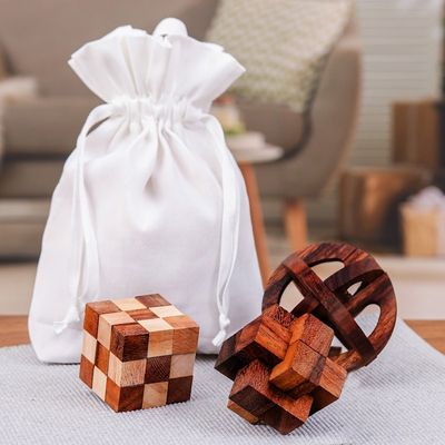 Alternate image for Set of Three Wood Puzzles with Cotton Pouch from Thailand Time to Play