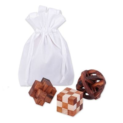 Alternate image for Set of Three Wood Puzzles with Cotton Pouch from Thailand Time to Play