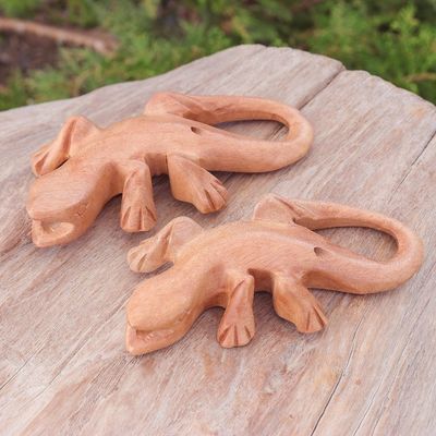 Alternate image for Hand-Carved Raintree Wood Gecko Ocarina Pair from Thailand Gecko Song