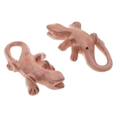 Alternate image for Hand-Carved Raintree Wood Gecko Ocarina Pair from Thailand Gecko Song