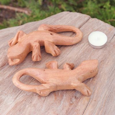 Alternate image for Hand-Carved Raintree Wood Gecko Ocarina Pair from Thailand Gecko Song