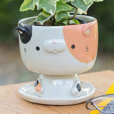 Alternate image for Handcrafted Cat-Shaped Ceramic Mini Flower Pot with Saucer Sweet Kitty