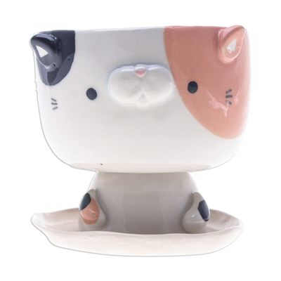 Alternate image for Handcrafted Cat-Shaped Ceramic Mini Flower Pot with Saucer Sweet Kitty