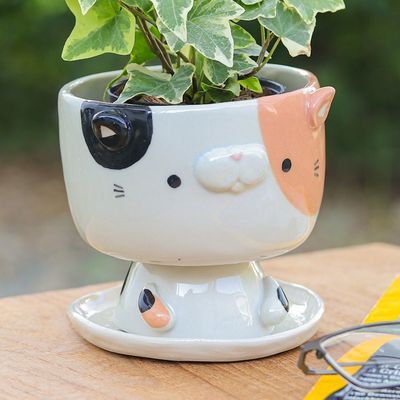 Alternate image for Handcrafted Cat-Shaped Ceramic Mini Flower Pot with Saucer Sweet Kitty