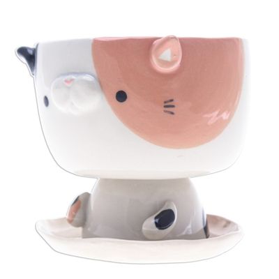 Alternate image for Handcrafted Cat-Shaped Ceramic Mini Flower Pot with Saucer Sweet Kitty