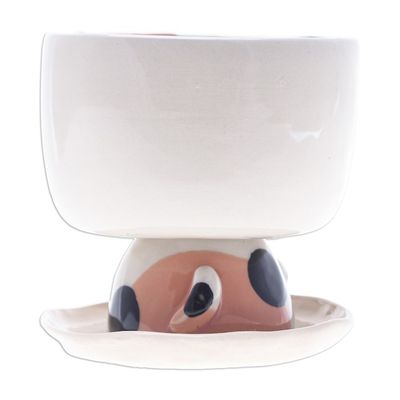 Alternate image for Handcrafted Cat-Shaped Ceramic Mini Flower Pot with Saucer Sweet Kitty