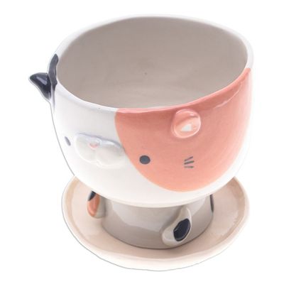 Alternate image for Handcrafted Cat-Shaped Ceramic Mini Flower Pot with Saucer Sweet Kitty