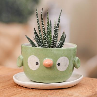 Alternate image for Green Bird-Shaped Ceramic Mini Flower Pot and Saucer Small Bird Spring