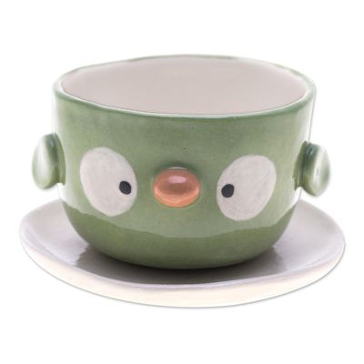 Alternate image for Green Bird-Shaped Ceramic Mini Flower Pot and Saucer Small Bird Spring