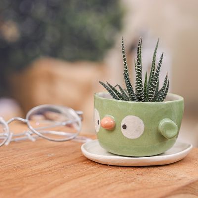 Alternate image for Green Bird-Shaped Ceramic Mini Flower Pot and Saucer Small Bird Spring
