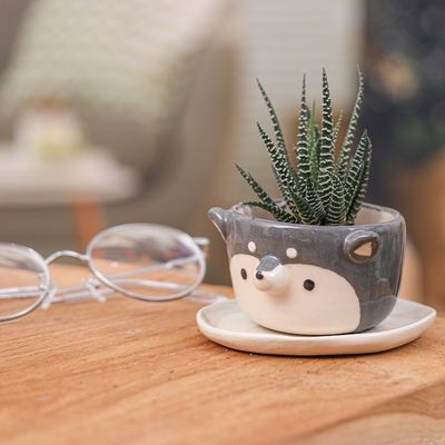 Alternate image for Thai Husky Dog-Themed Mini Flower Pot and Saucer Small Husky Spring