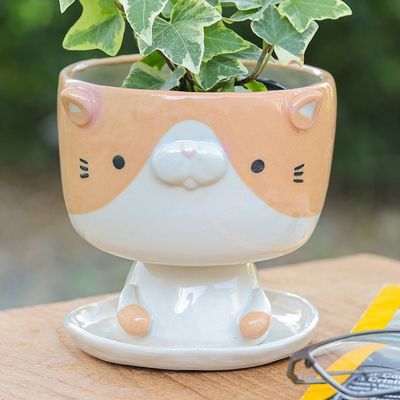 Alternate image for Cat-Shaped Ivory Orange Ceramic Mini Flower Pot with Saucer Enchanting Kitty
