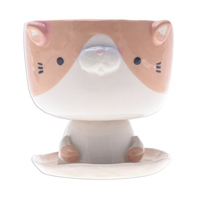 Alternate image for Cat-Shaped Ivory Orange Ceramic Mini Flower Pot with Saucer Enchanting Kitty