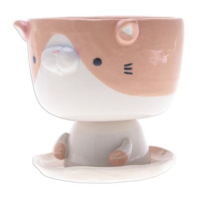 Alternate image for Cat-Shaped Ivory Orange Ceramic Mini Flower Pot with Saucer Enchanting Kitty