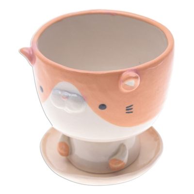 Alternate image for Cat-Shaped Ivory Orange Ceramic Mini Flower Pot with Saucer Enchanting Kitty