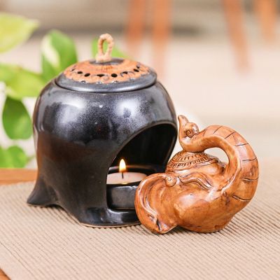 Alternate image for Thai Handmade Elephant-Themed Dark Grey Ceramic Oil Warmer Gentle Giants Palace