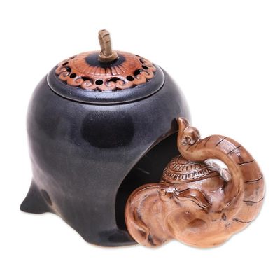 Alternate image for Thai Handmade Elephant-Themed Dark Grey Ceramic Oil Warmer Gentle Giants Palace