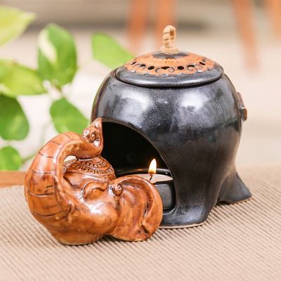 Alternate image for Thai Handmade Elephant-Themed Dark Grey Ceramic Oil Warmer Gentle Giants Palace