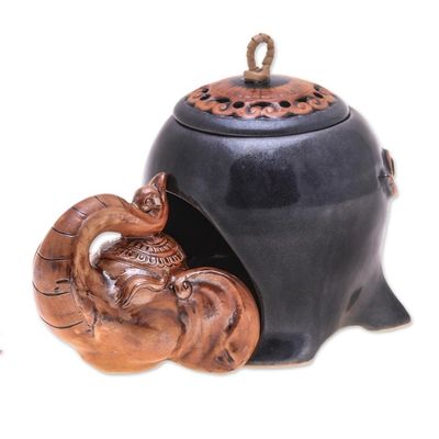Alternate image for Thai Handmade Elephant-Themed Dark Grey Ceramic Oil Warmer Gentle Giants Palace