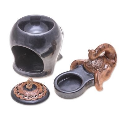 Alternate image for Thai Handmade Elephant-Themed Dark Grey Ceramic Oil Warmer Gentle Giants Palace