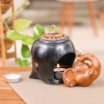 Alternate image for Thai Handmade Elephant-Themed Dark Grey Ceramic Oil Warmer Gentle Giants Palace