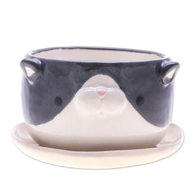 Alternate image for Handcrafted Tuxedo Cat-Themed Ceramic Flower Pot and Saucer Tuxedo Blossoming