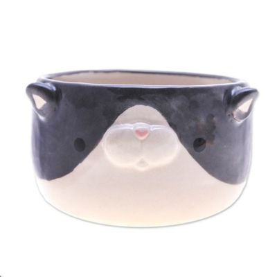 Alternate image for Handcrafted Tuxedo Cat-Themed Ceramic Flower Pot and Saucer Tuxedo Blossoming