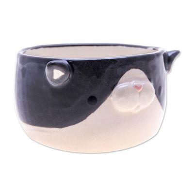 Alternate image for Handcrafted Tuxedo Cat-Themed Ceramic Flower Pot and Saucer Tuxedo Blossoming
