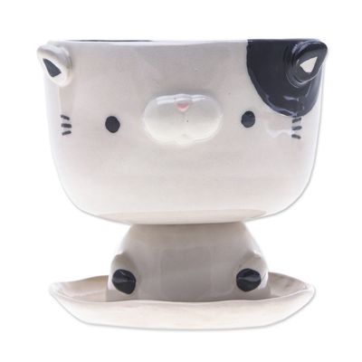 Alternate image for Cat-Shaped Ivory Black Ceramic Mini Flower Pot with Saucer Adorable Kitty