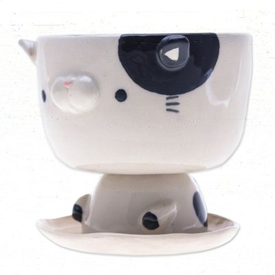 Alternate image for Cat-Shaped Ivory Black Ceramic Mini Flower Pot with Saucer Adorable Kitty