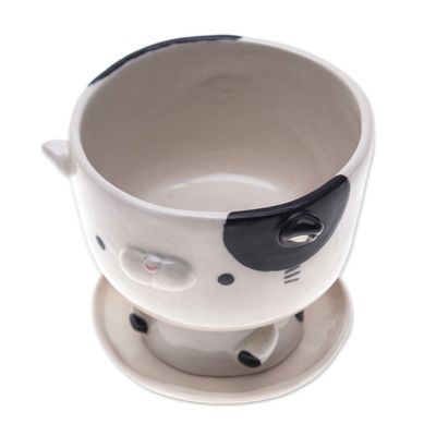 Alternate image for Cat-Shaped Ivory Black Ceramic Mini Flower Pot with Saucer Adorable Kitty