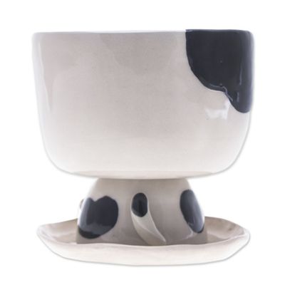 Alternate image for Cat-Shaped Ivory Black Ceramic Mini Flower Pot with Saucer Adorable Kitty