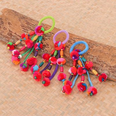 Alternate image for Cotton-Blend Hair Scrunchies with Cotton Pompoms Set of 3 Tribal Beauty in Open Skies