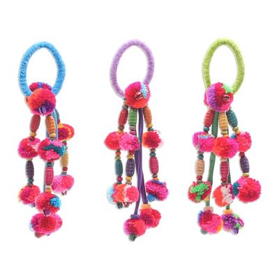 Alternate image for Cotton-Blend Hair Scrunchies with Cotton Pompoms Set of 3 Tribal Beauty in Open Skies