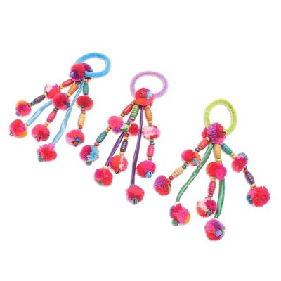 Alternate image for Cotton-Blend Hair Scrunchies with Cotton Pompoms Set of 3 Tribal Beauty in Open Skies