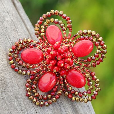 Alternate image for Handcrafted Floral Red Quartz and Glass Beaded Brooch Pin Spring in Love