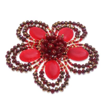 Alternate image for Handcrafted Floral Red Quartz and Glass Beaded Brooch Pin Spring in Love